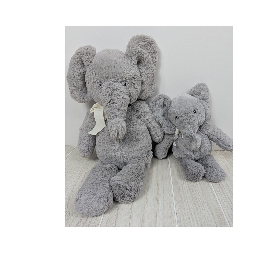 Pottery Barn Kids Elephant Plush Set Gray 12" 16" Stuffed Animals Ribbon bow